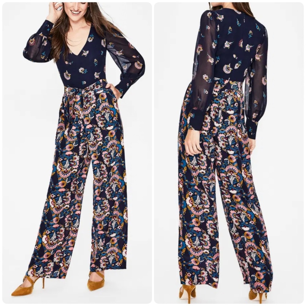 Boden Belgrave Jumpsuit Silk Navy Flourish Scatter